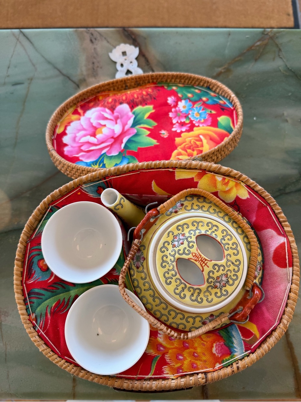 Antique Chinese Rose Medallion Porcelain Teapot in Original Seagrass Basket